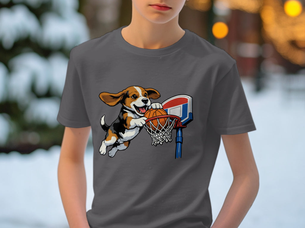 Beagle dog slam dunking a basketball on a hoop, on a grey t-shirt.