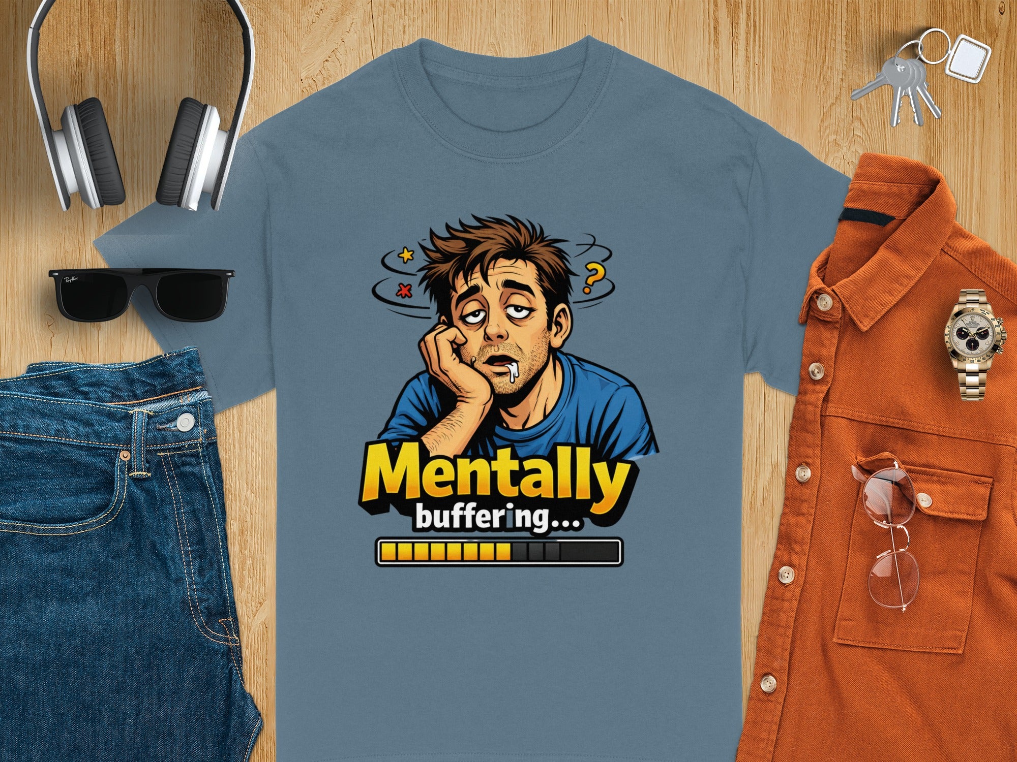Blue t-shirt with a cartoon man, "Mentally buffering...", and loading bar graphic.