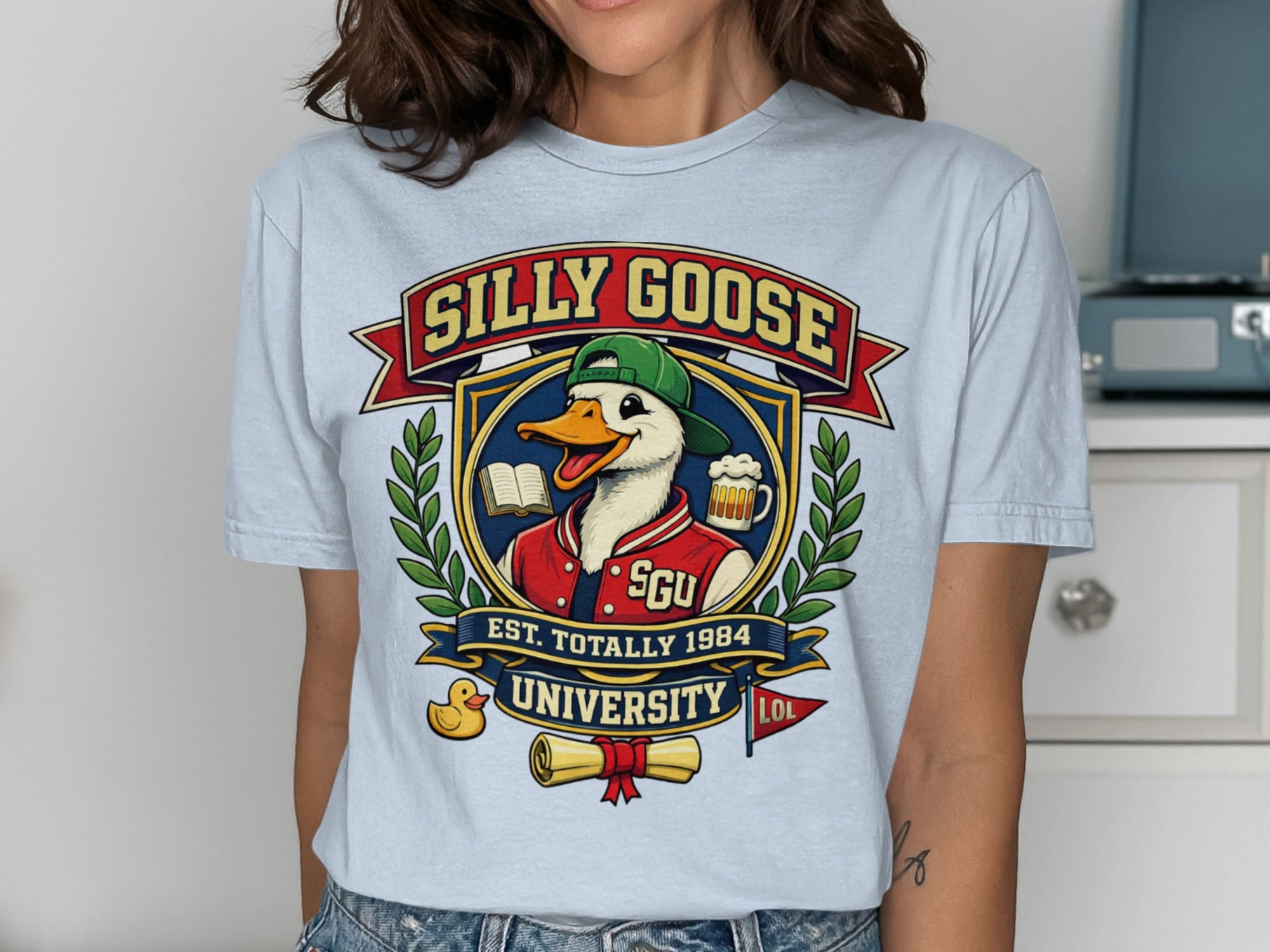 Silly Goose University crest with duck, book, beer, and LOL flag.
