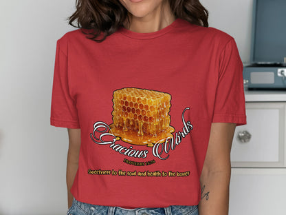 Red t-shirt with honeycomb graphic and text "Gracious Words Proverbs 16:24 Sweetness to the soul..."