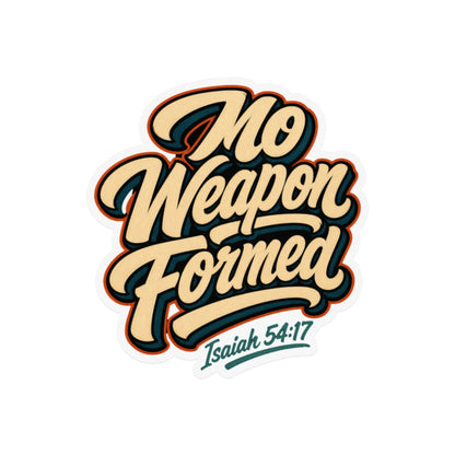 No Weapon Formed Isaiah 54:17 text in a retro, stylized font.