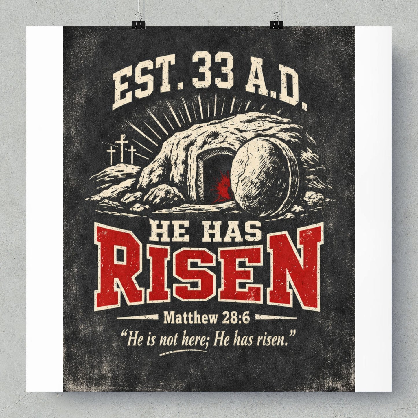 Empty tomb with sunburst, "He Has Risen" text, and Bible verse.