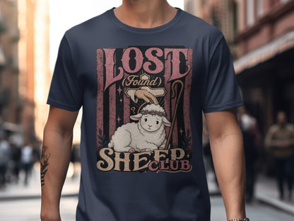T-shirt graphic with text "LOST (Found) SHEEP CLUB" and a lamb.