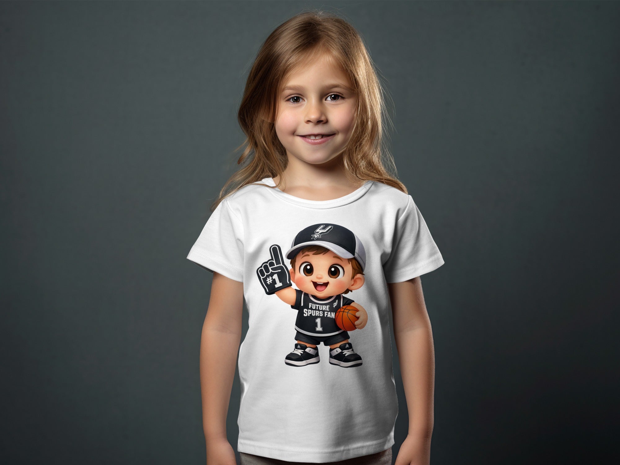 Young girl wearing a white t-shirt with a cartoon basketball player graphic.