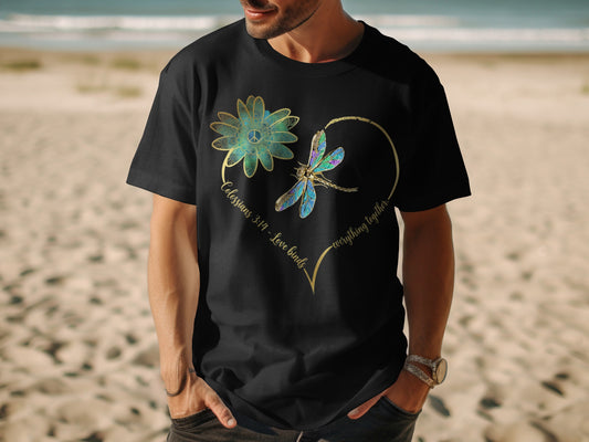 Black t-shirt with flower, dragonfly, and text "Colossians 3:14 - Love binds everything together."