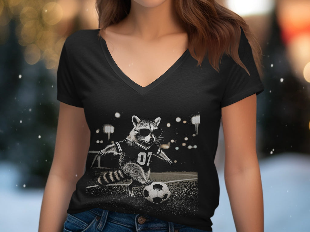 Raccoon wearing sunglasses and a jersey with number 07 playing soccer.