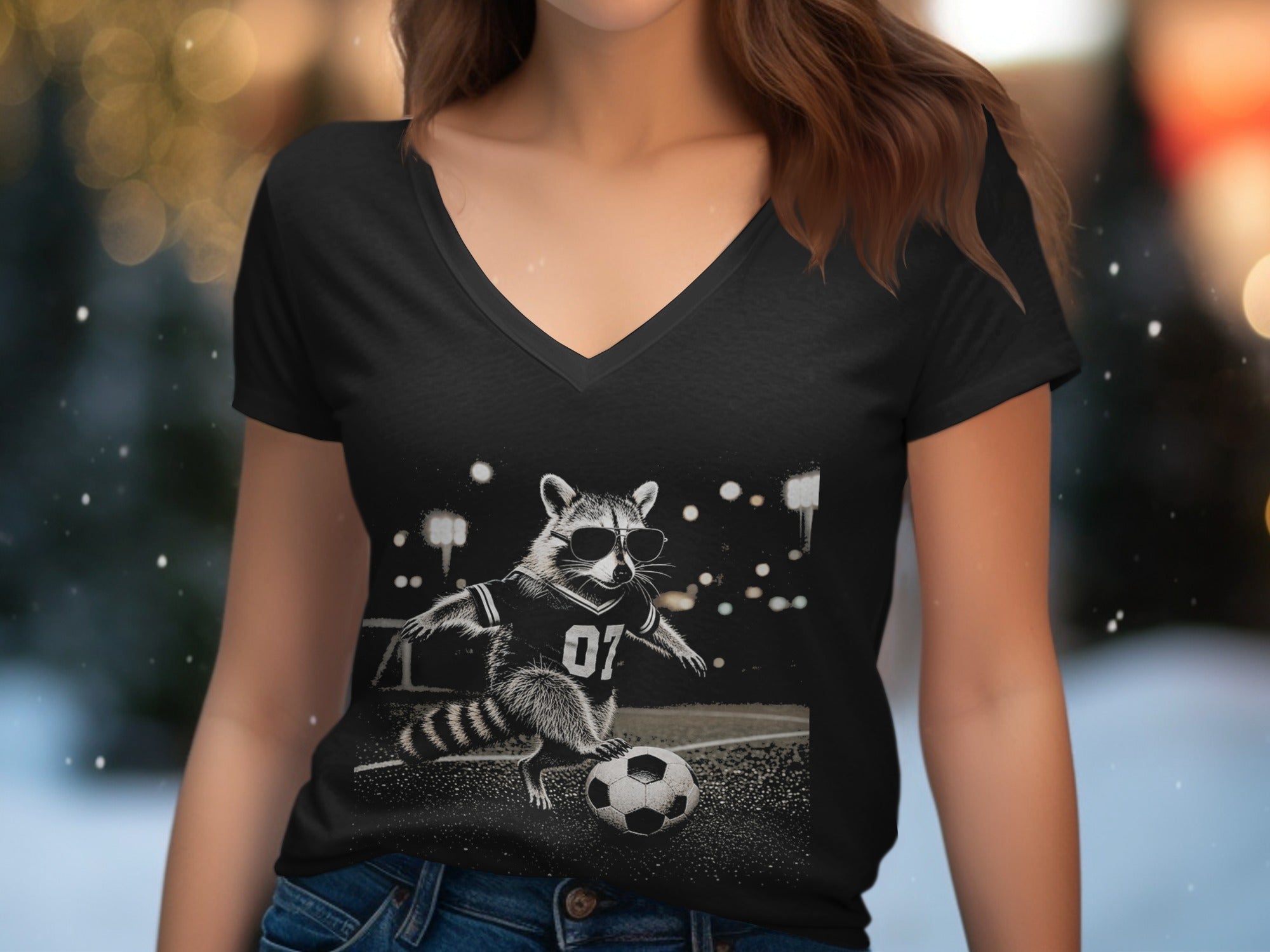Raccoon wearing sunglasses and a jersey with number 07 playing soccer.