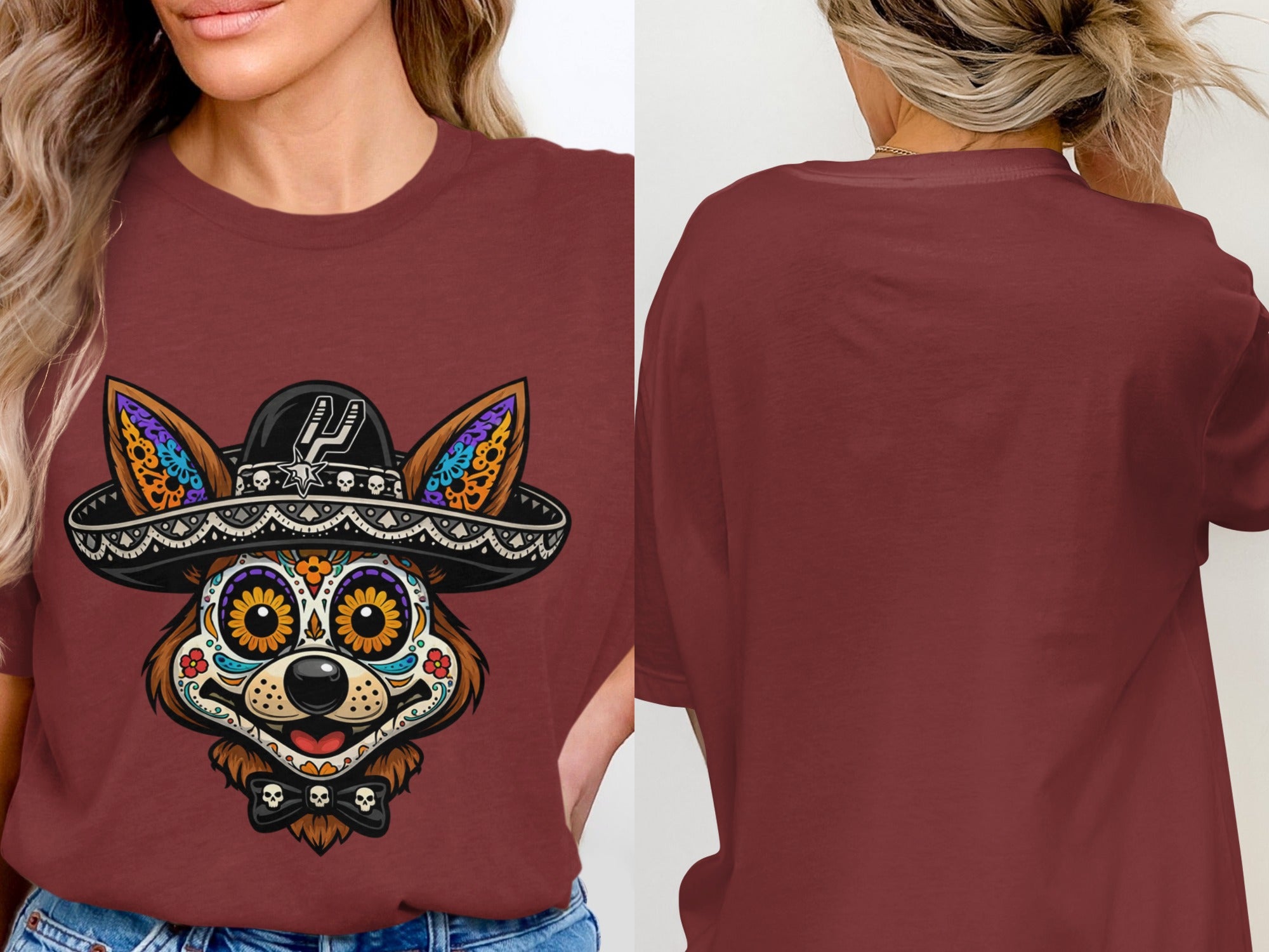 T-shirt with a colorful dog wearing a sombrero and a bow tie.