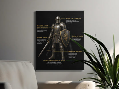 Armor of God diagram with labels for helmet, breastplate, belt, shield, sword, and shoes.