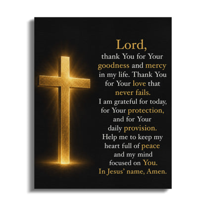 Golden cross illuminated against a black background with prayer text.