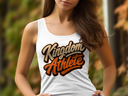 White tank top with "Kingdom Athlete" text in orange and cream lettering.