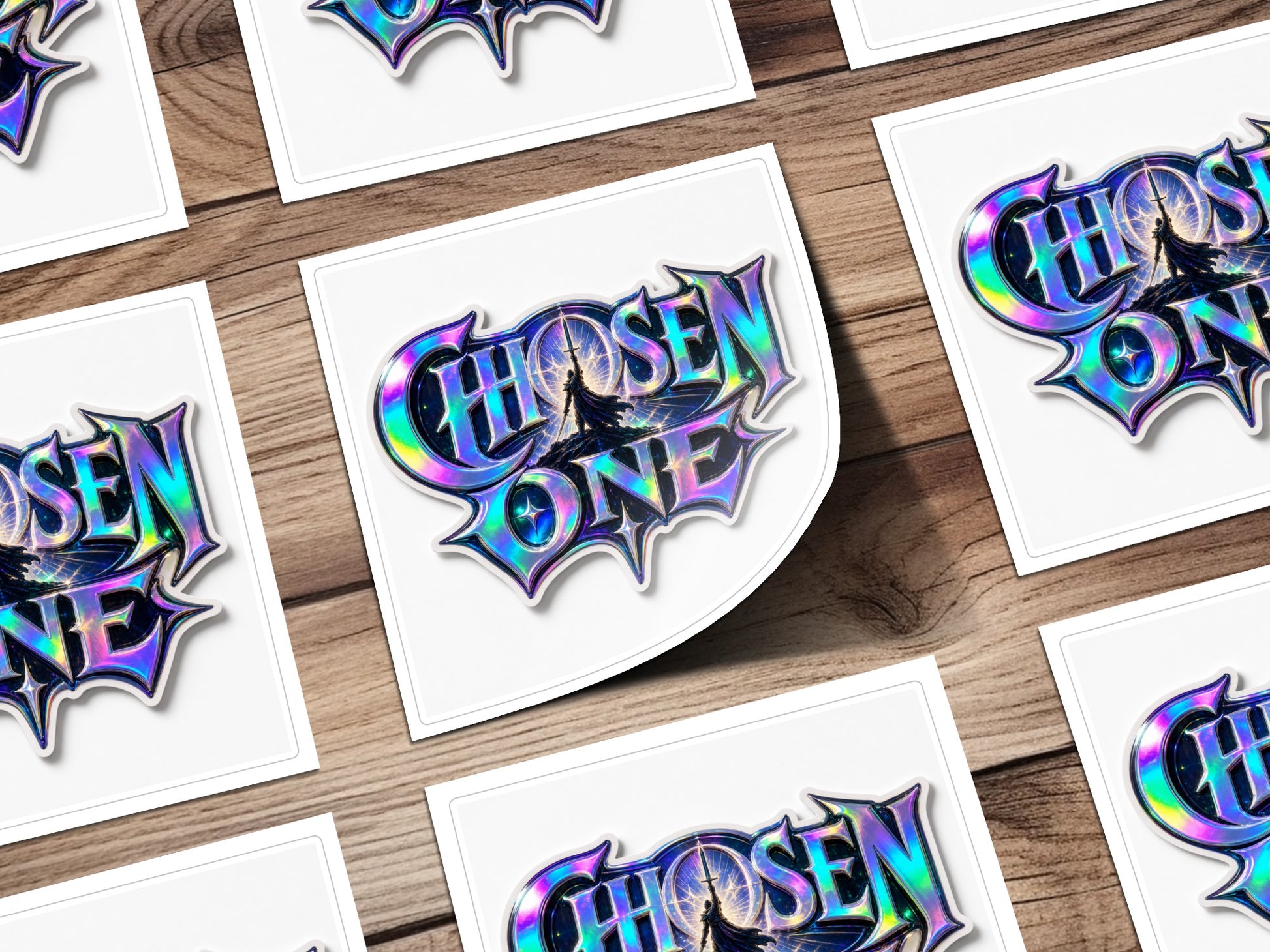 Holographic "Chosen One" logo with a sword-wielding figure on a rocky surface.