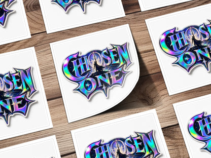 Holographic "Chosen One" logo with a sword-wielding figure on a rocky surface.