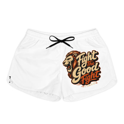 White shorts with a roaring lion graphic and text "Fight the Good Fight".