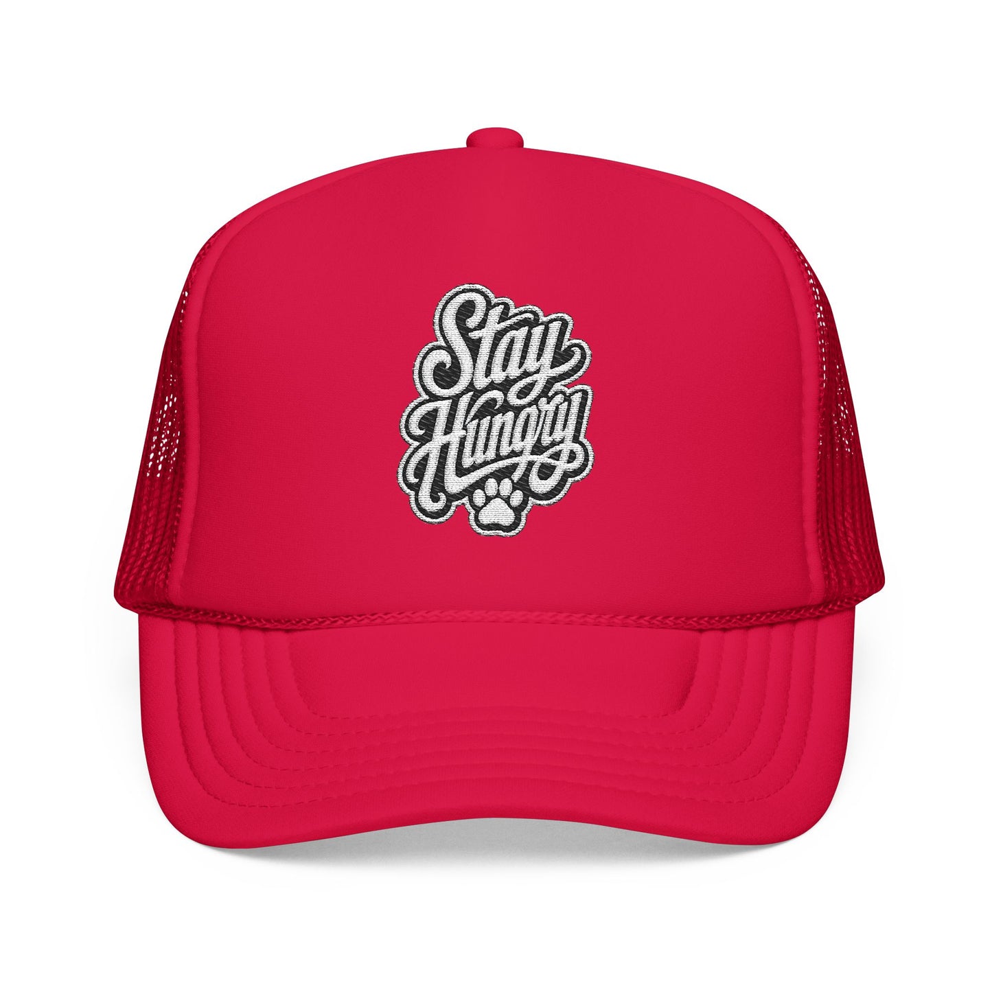 Red trucker hat with embroidered "Stay Hungry" text and a paw print.