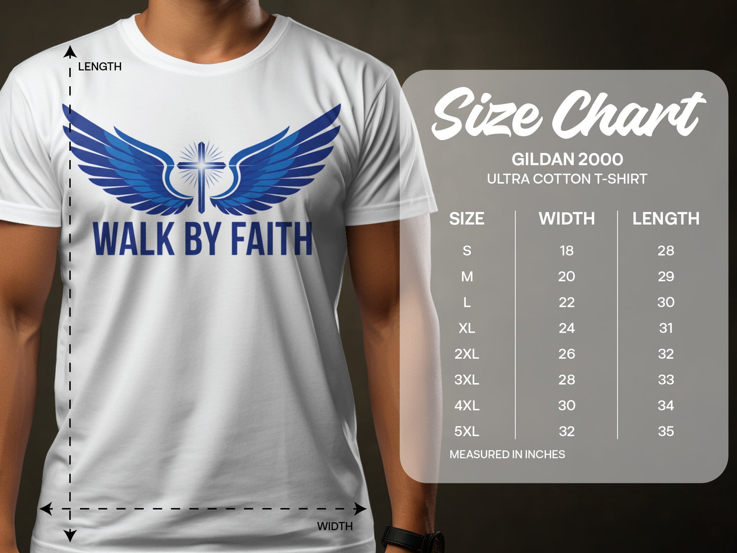 White t-shirt with blue wings and cross graphic. Size chart included.
