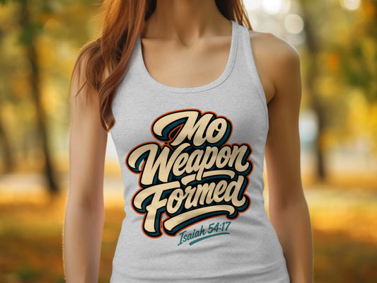 Gray tank top with "No Weapon Formed" and "Isaiah 54:17" text.