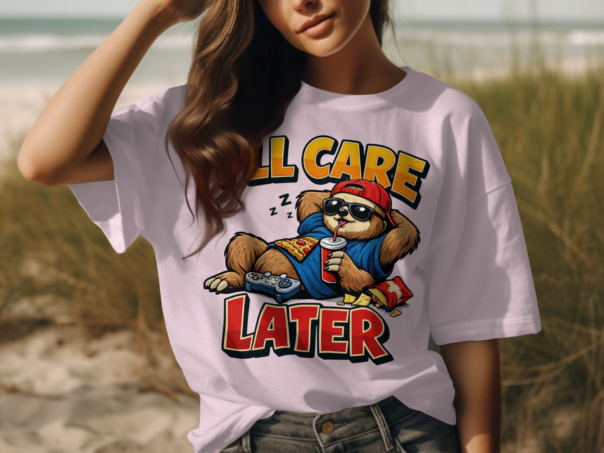 White t-shirt with cartoon sloth gamer drinking and texting "I'LL CARE LATER".