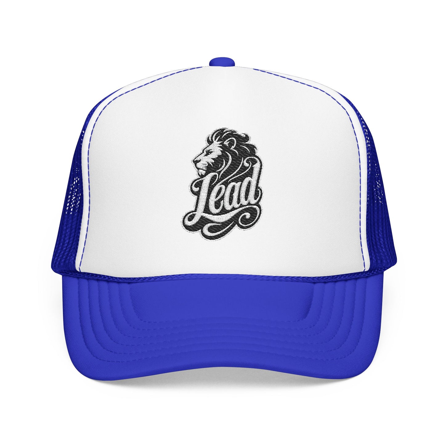 Blue and white trucker hat with a black lion head and the word "Lead".