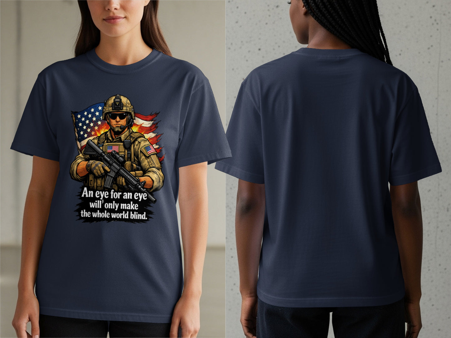 Navy t-shirt with a soldier and American flag graphic and quote.