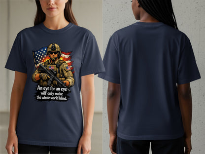 Navy t-shirt with a soldier and American flag graphic and quote.