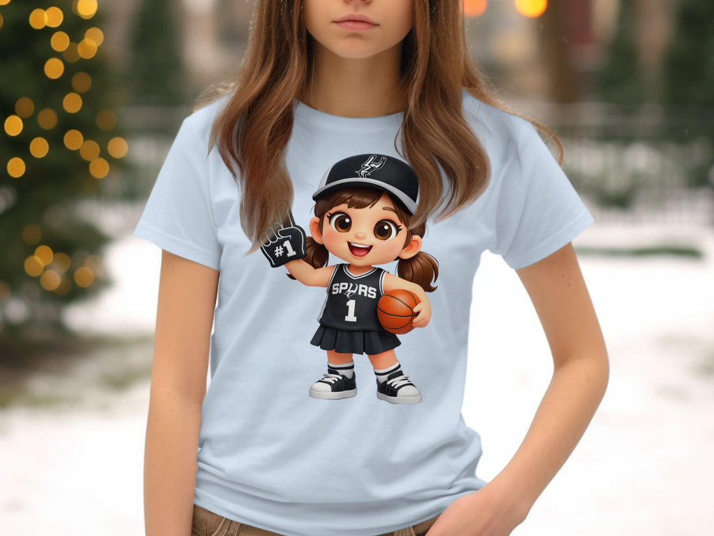 Cartoon girl representing the Spurs with number one on jersey holding basketball.