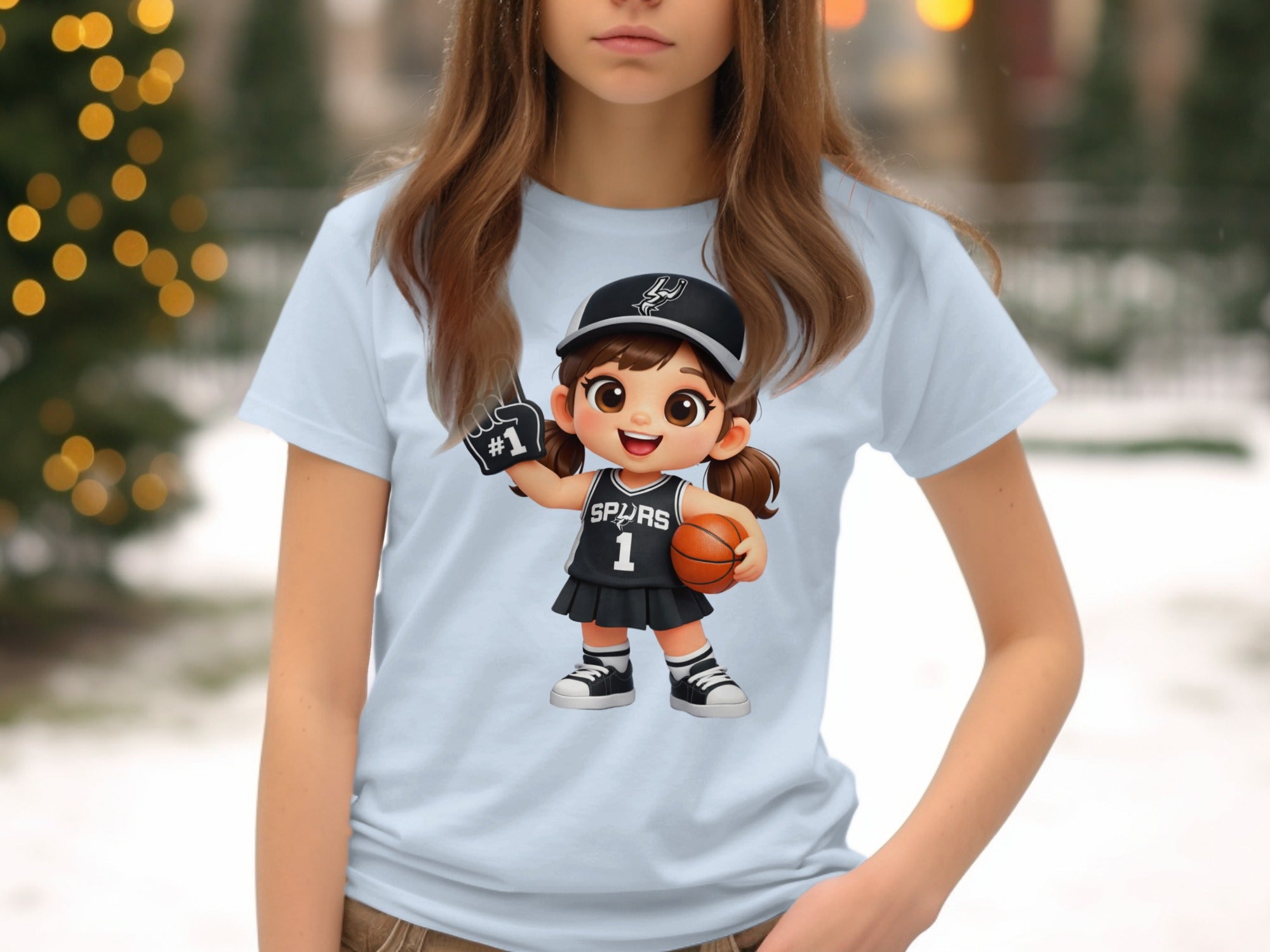 Cartoon girl representing the Spurs with number one on jersey holding basketball.