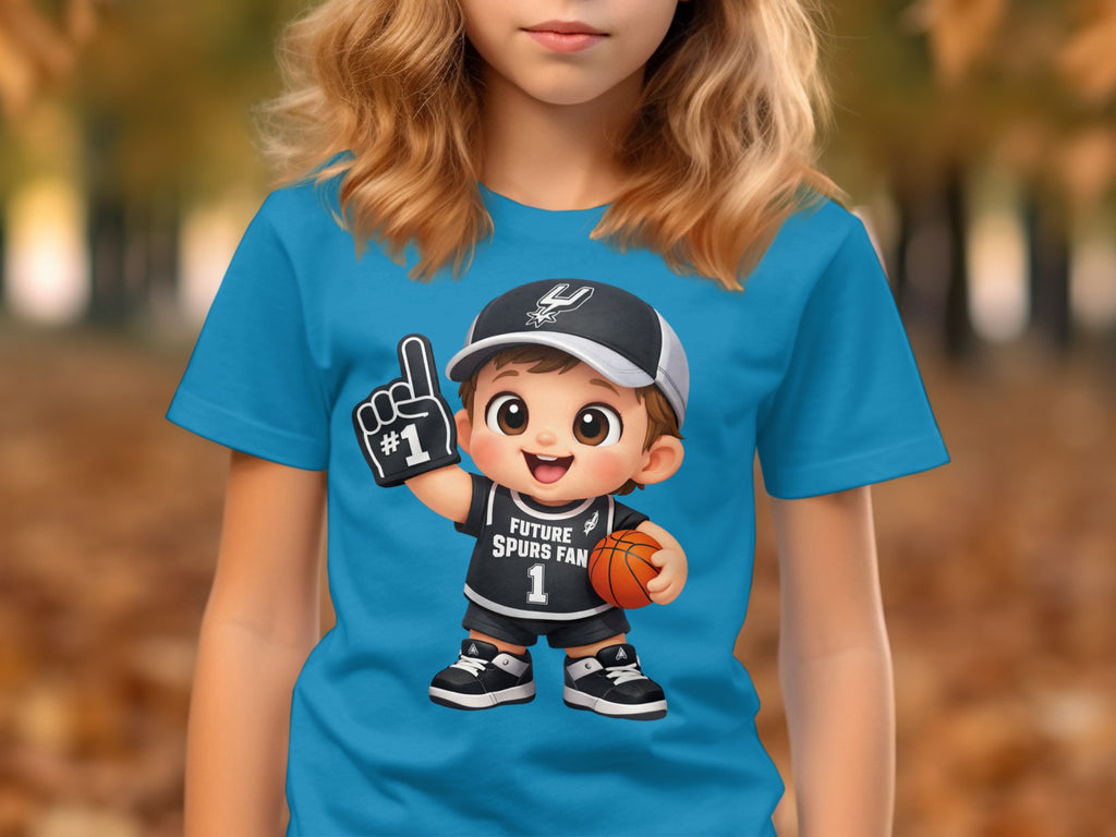 Cartoon boy in spurs jersey holding basketball and #1 foam finger