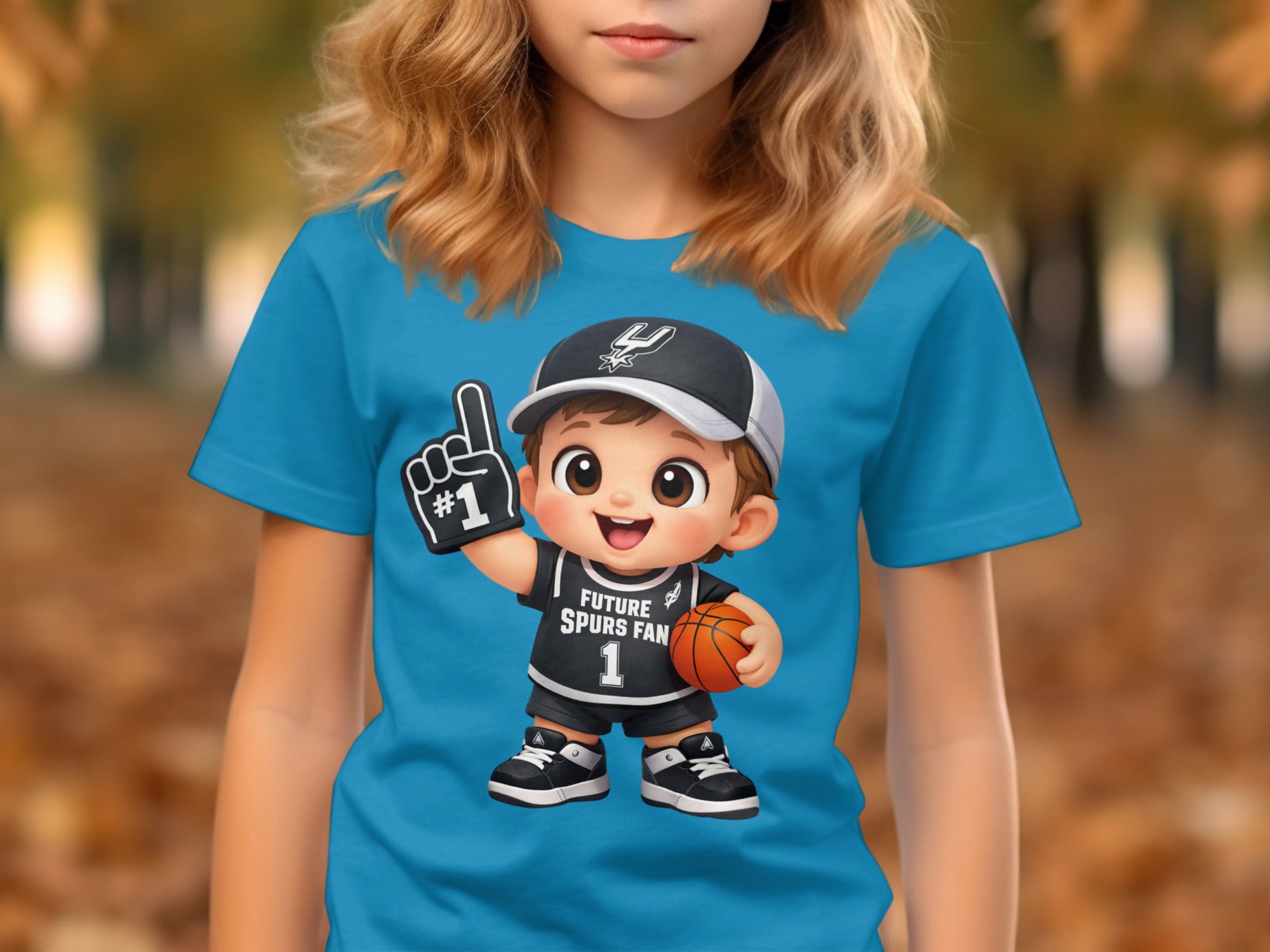 Cartoon boy in spurs jersey holding basketball and #1 foam finger