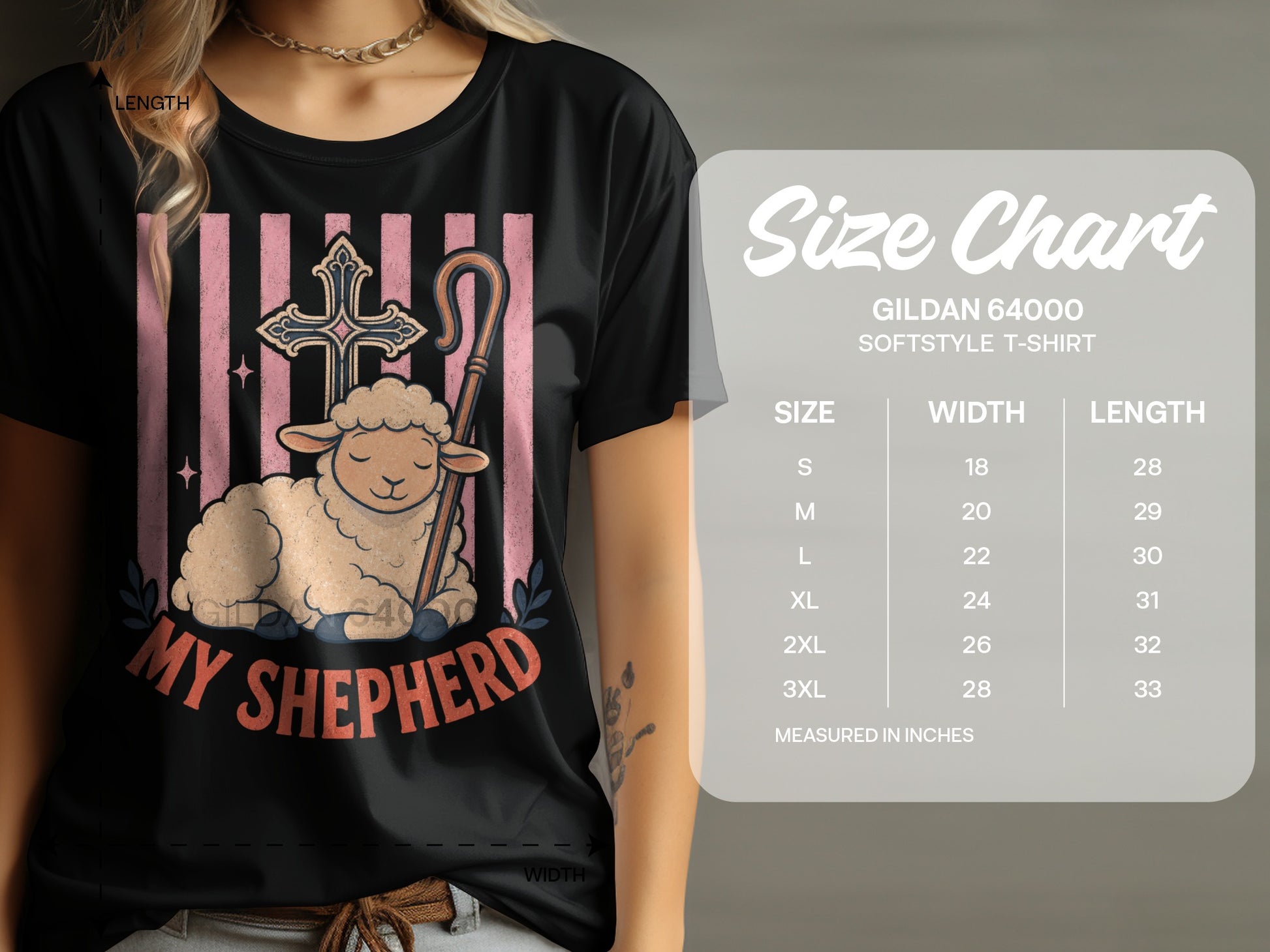 Black t-shirt with sheep, cross, staff, "My Shepherd" text, and size chart.