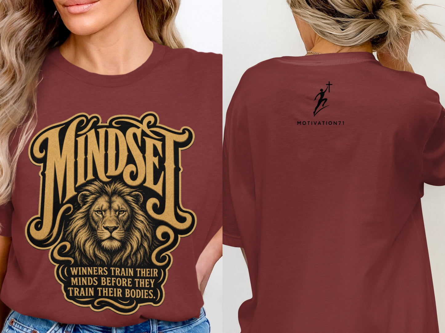 Maroon t-shirt with "Mindset" and lion graphic, and text from quote.