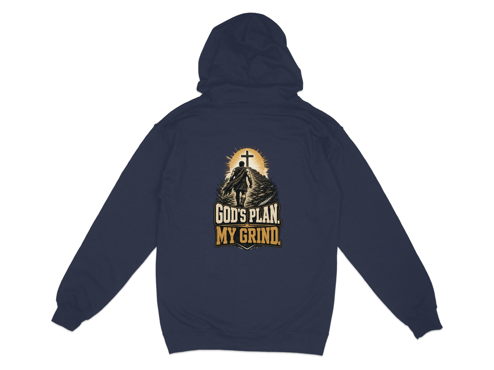 Dark blue hoodie with a graphic of a man walking towards a cross and text "God's Plan. My Grind."