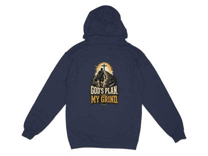 Dark blue hoodie with a graphic of a man walking towards a cross and text "God's Plan. My Grind."