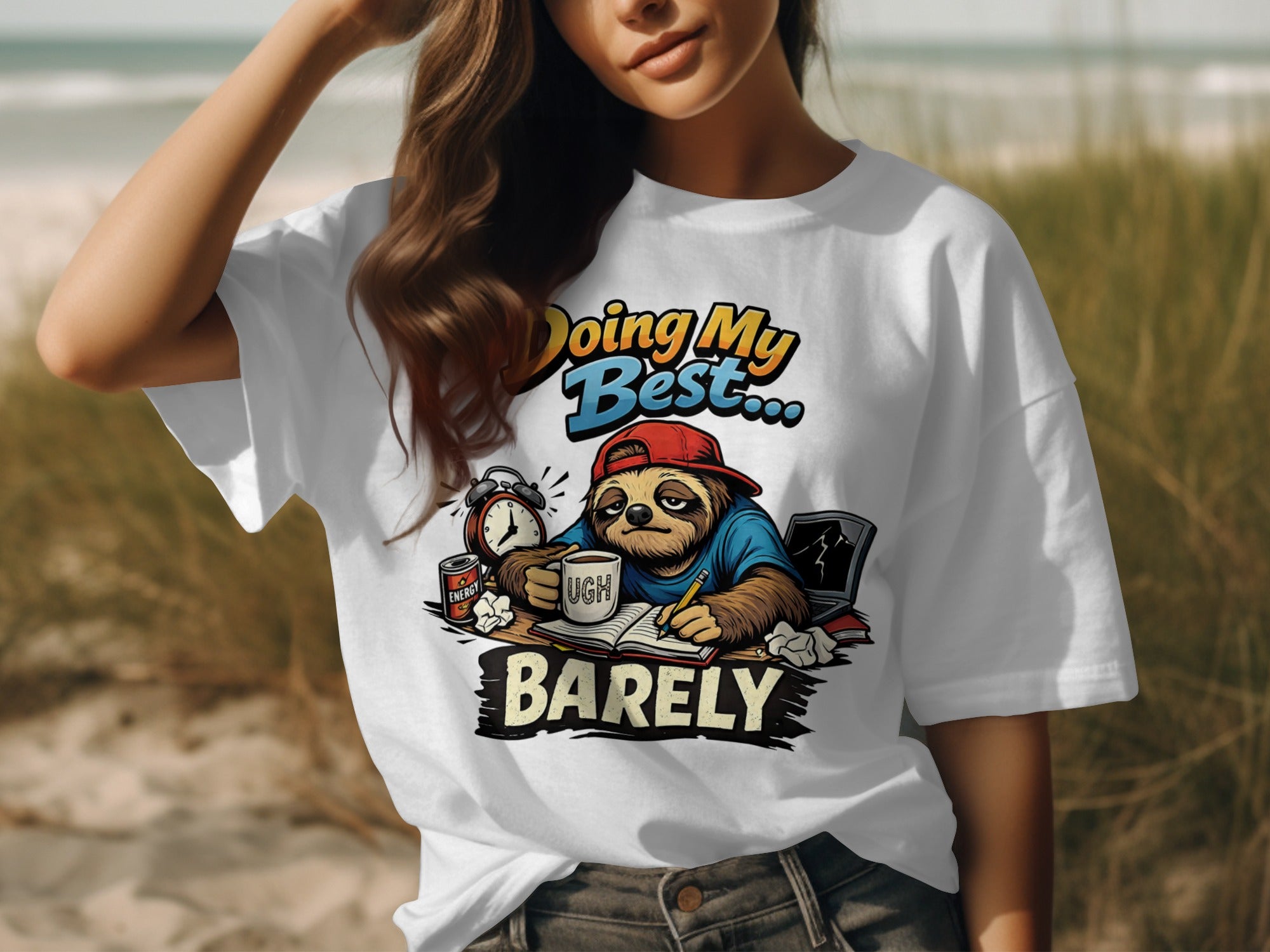 T-shirt graphic: Sloth at desk, "Doing My Best... BARELY" text.