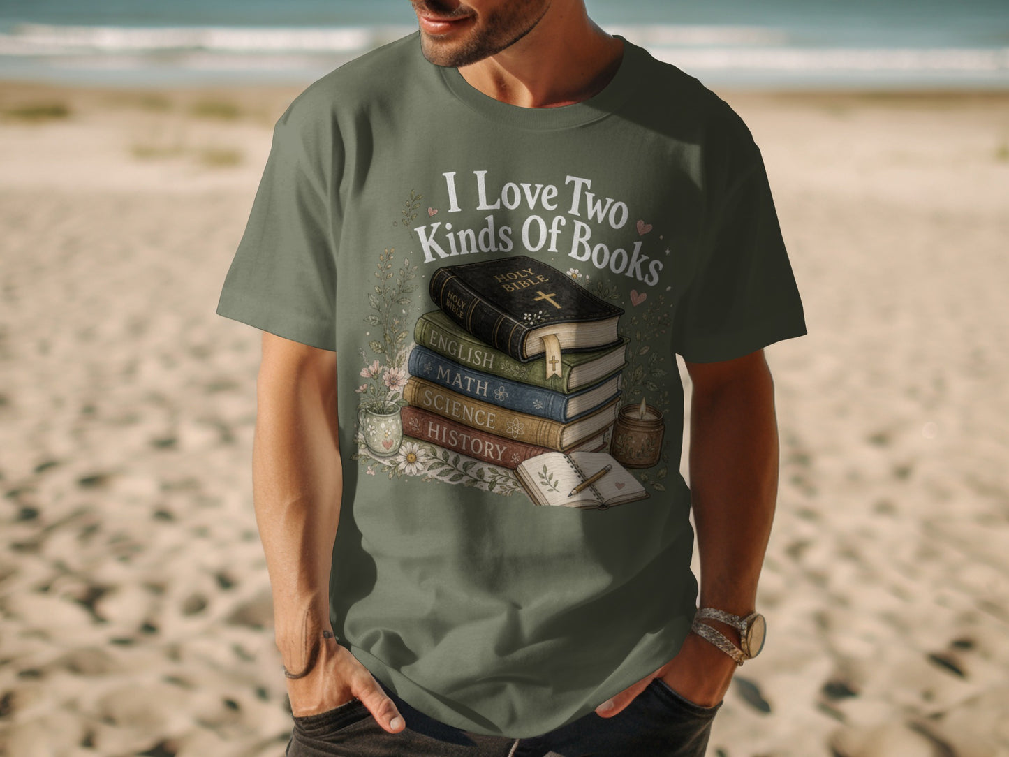 T-shirt with stacked books and "I Love Two Kinds Of Books" text.