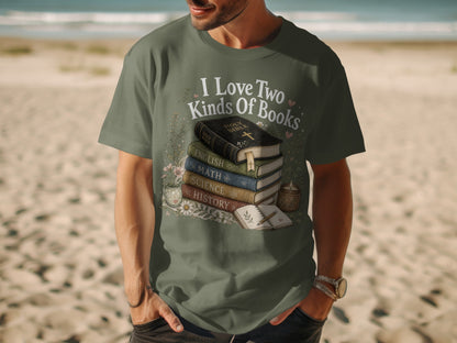 T-shirt with stacked books and "I Love Two Kinds Of Books" text.