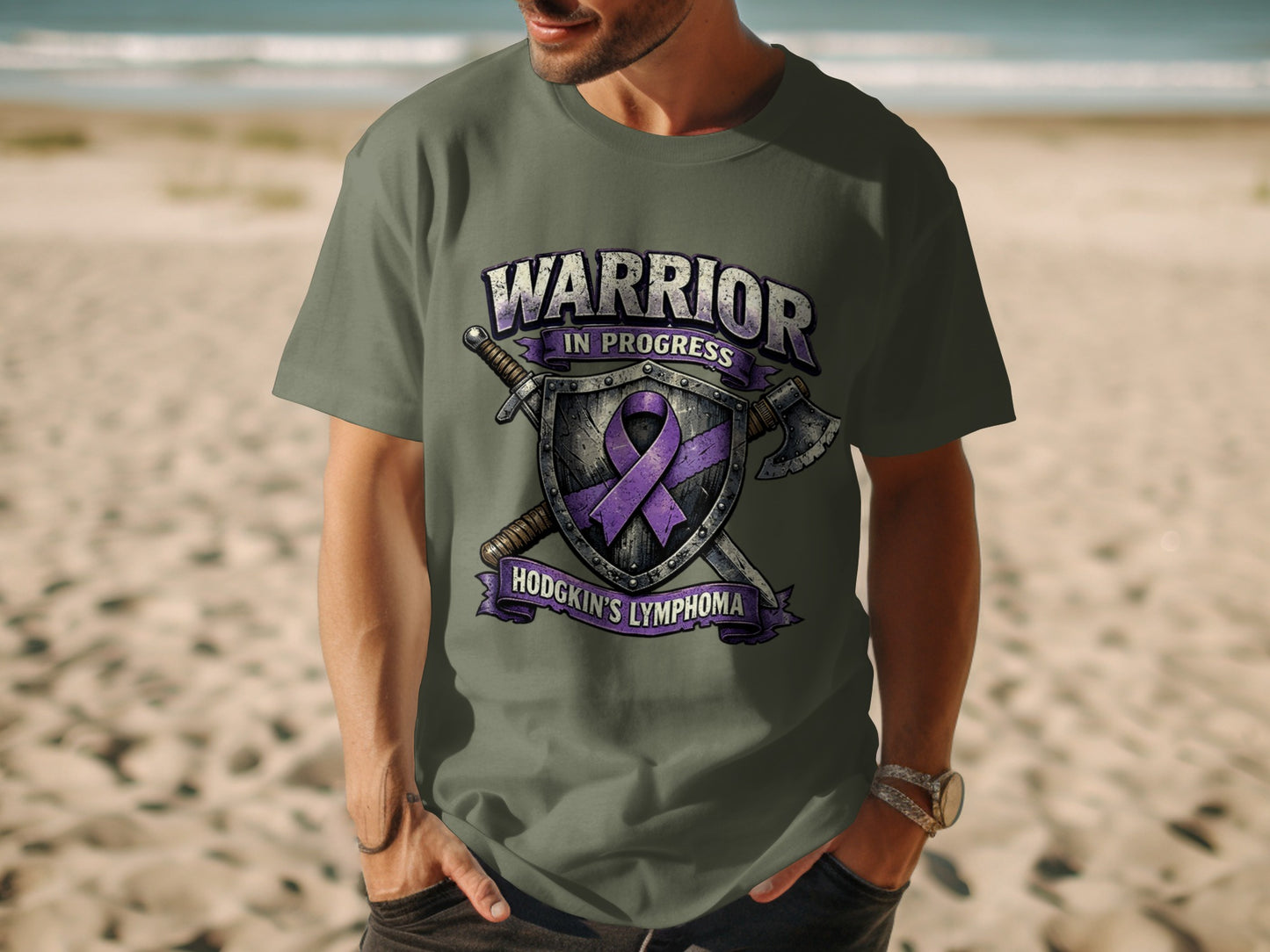 Warrior in progress shirt with Hodgkin's lymphoma ribbon and medieval weapons.