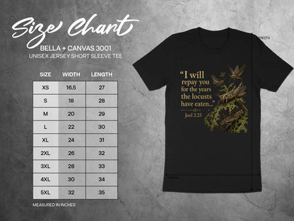 Black t-shirt with locust graphic and text "I will repay you for the years the locusts have eaten... Joel 2:25".