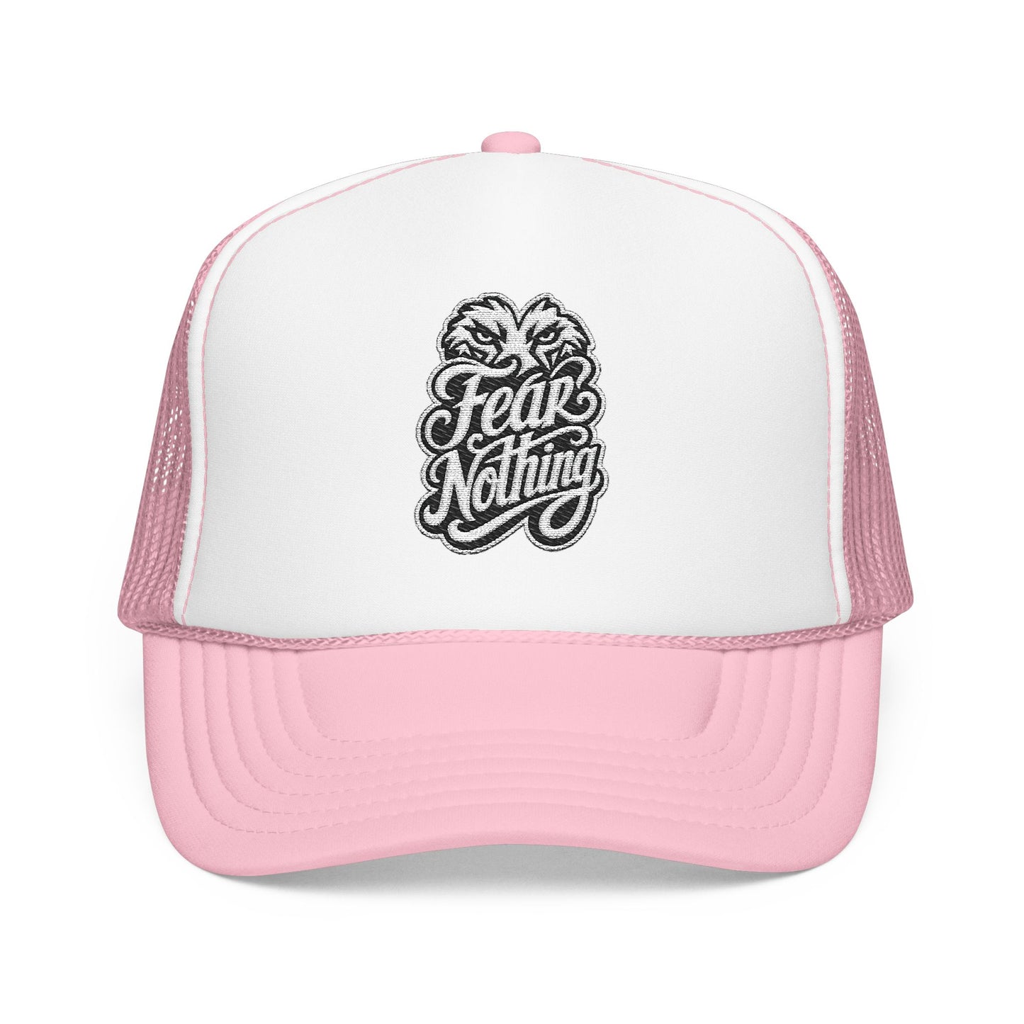 Pink trucker hat with embroidered lion heads and "Fear Nothing" text.