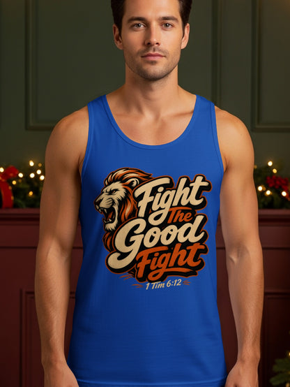Blue tank top with lion roaring and text "Fight the Good Fight 1 Tim 6:12".