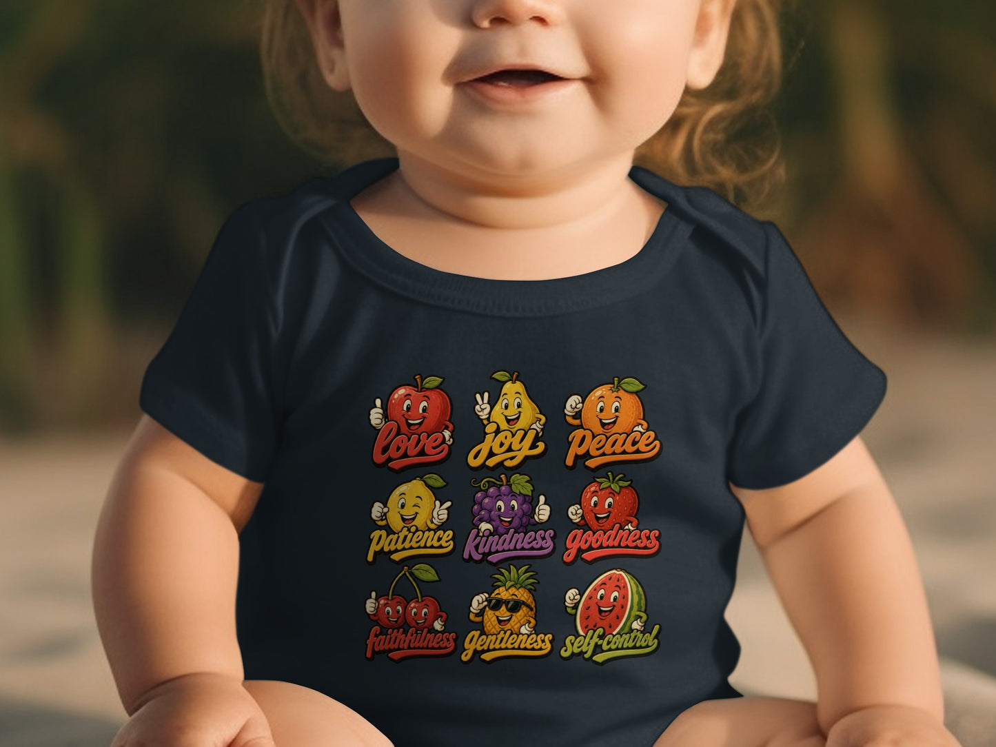 Dark blue baby onesie with cartoon fruits representing virtues: love, joy, peace, patience, kindness, goodness, faithfulness, gentleness, self-control.