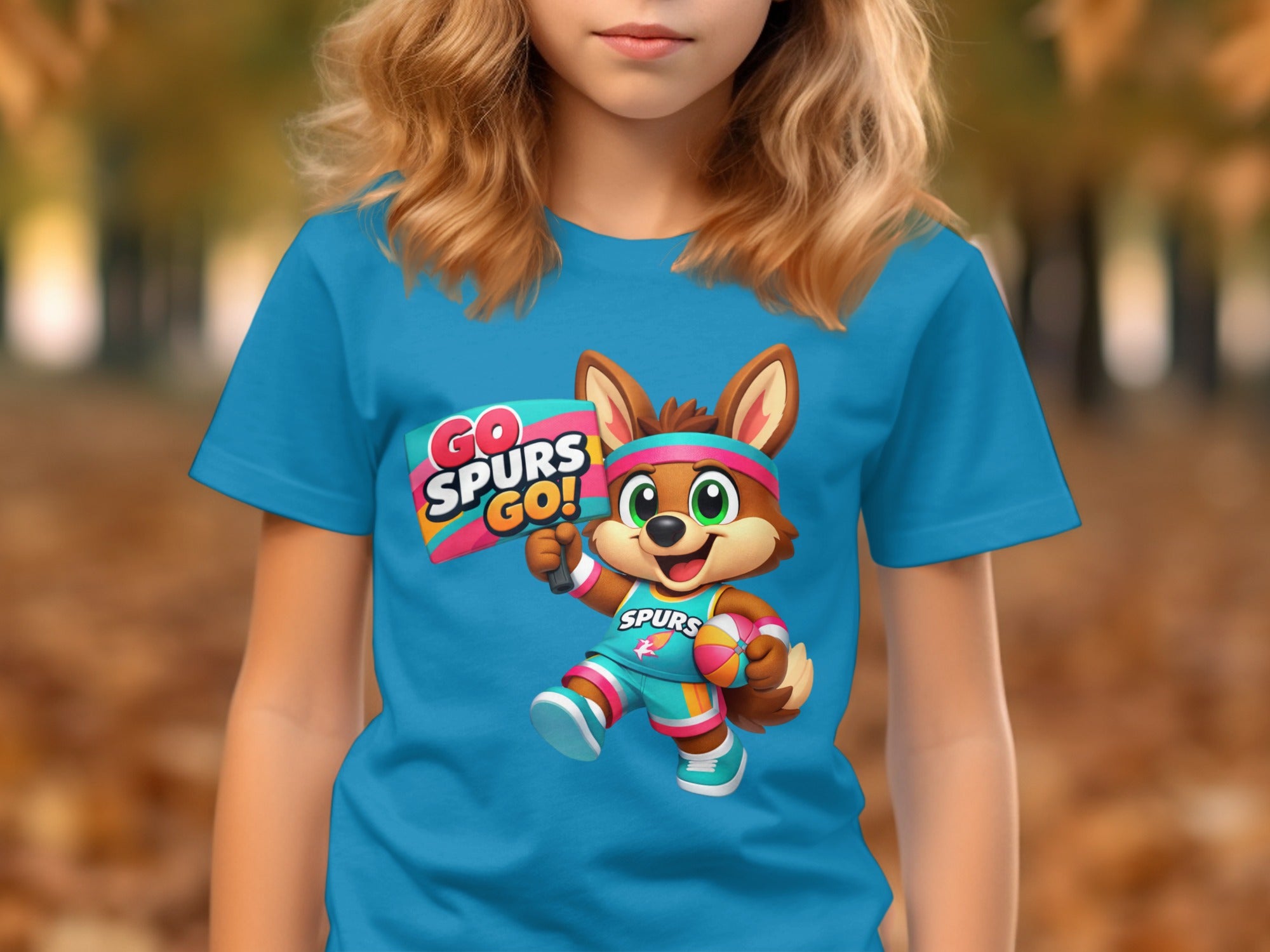Cartoon fox character in basketball uniform holds "GO SPURS GO!" sign and a ball.