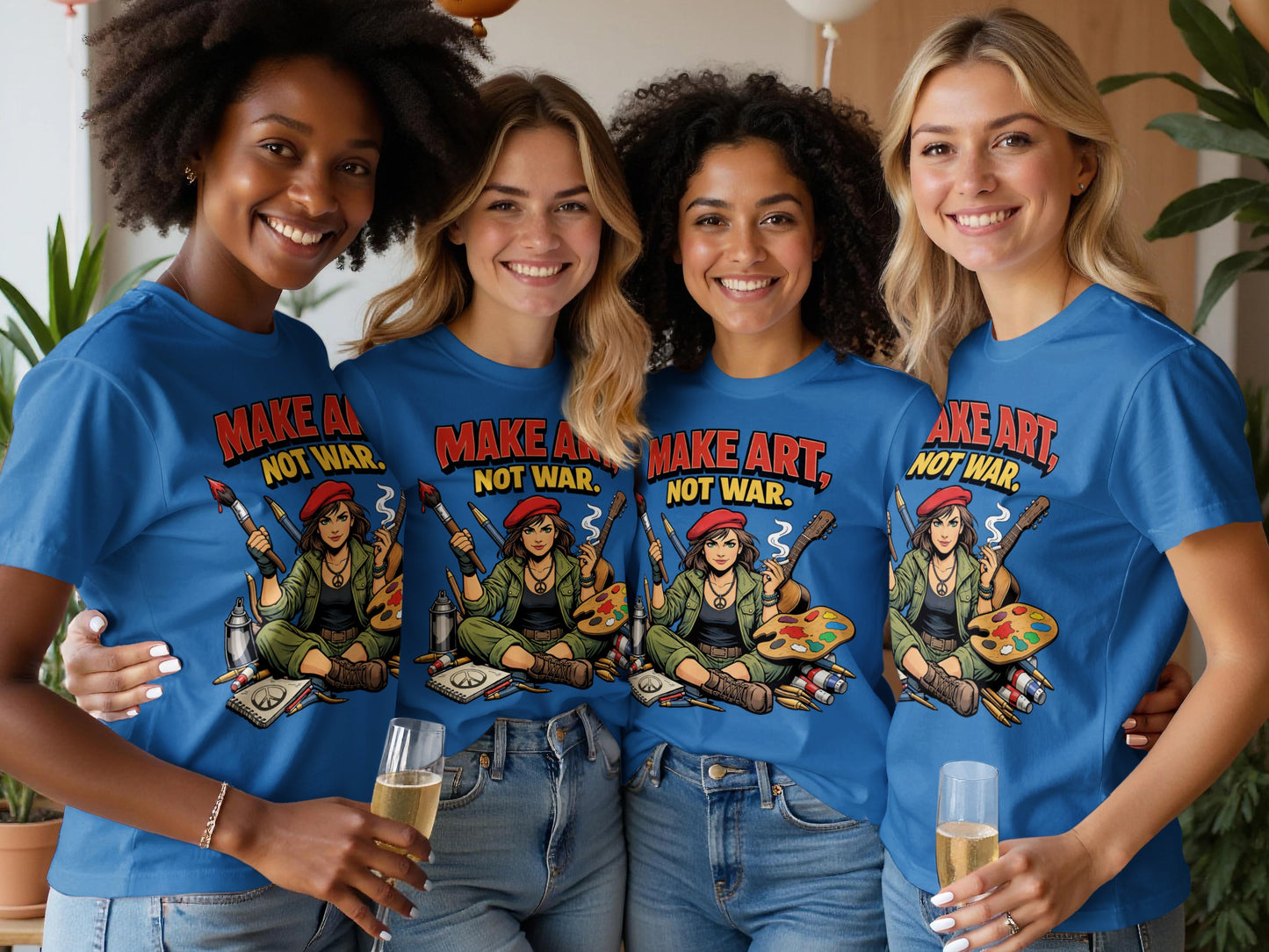 Four women in blue shirts with "Make Art, Not War" print, holding champagne.