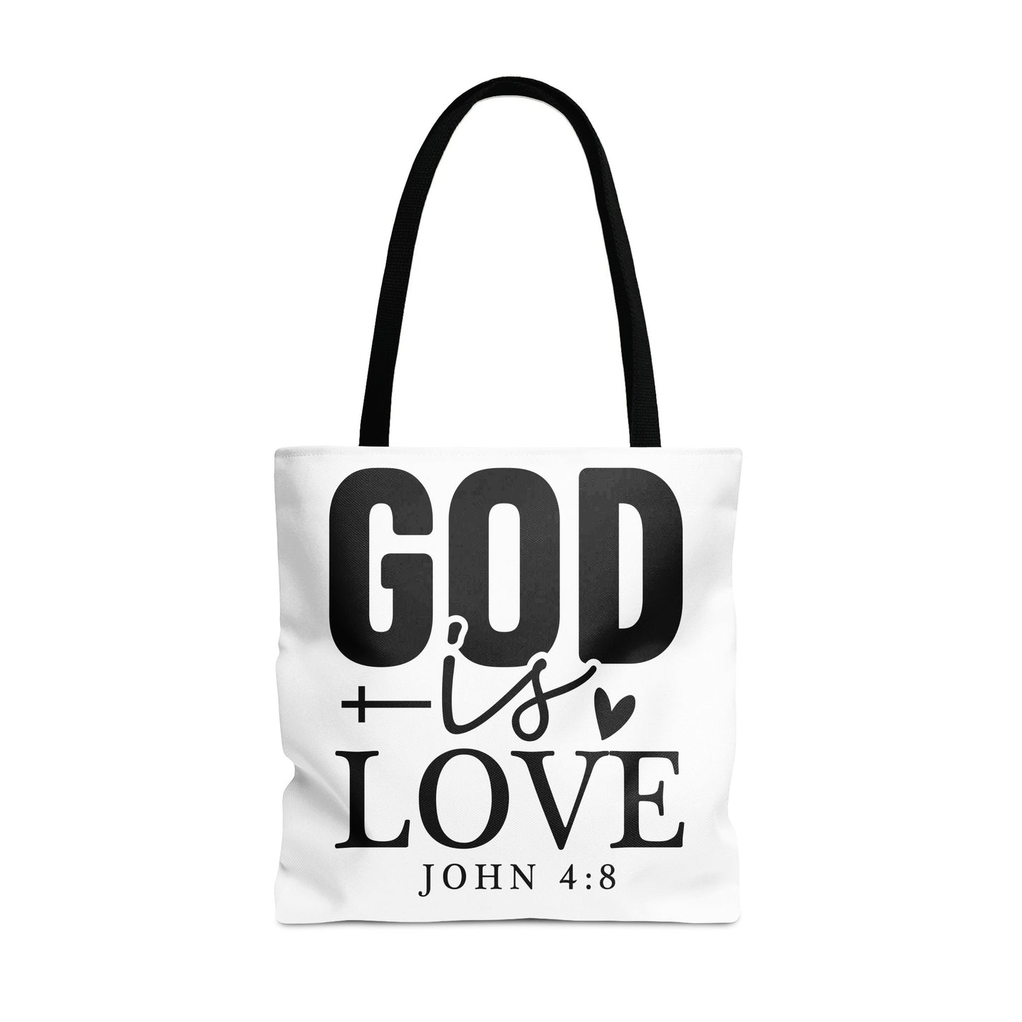 White tote bag with black text "GOD is LOVE JOHN 4:8".