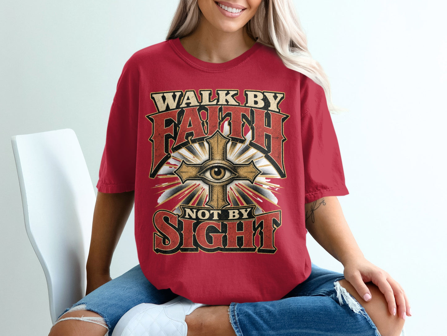 Red t-shirt with "Walk By Faith Not By Sight" text and a cross with an eye.