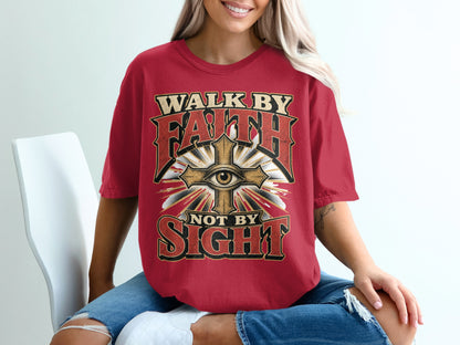 Red t-shirt with "Walk By Faith Not By Sight" text and a cross with an eye.
