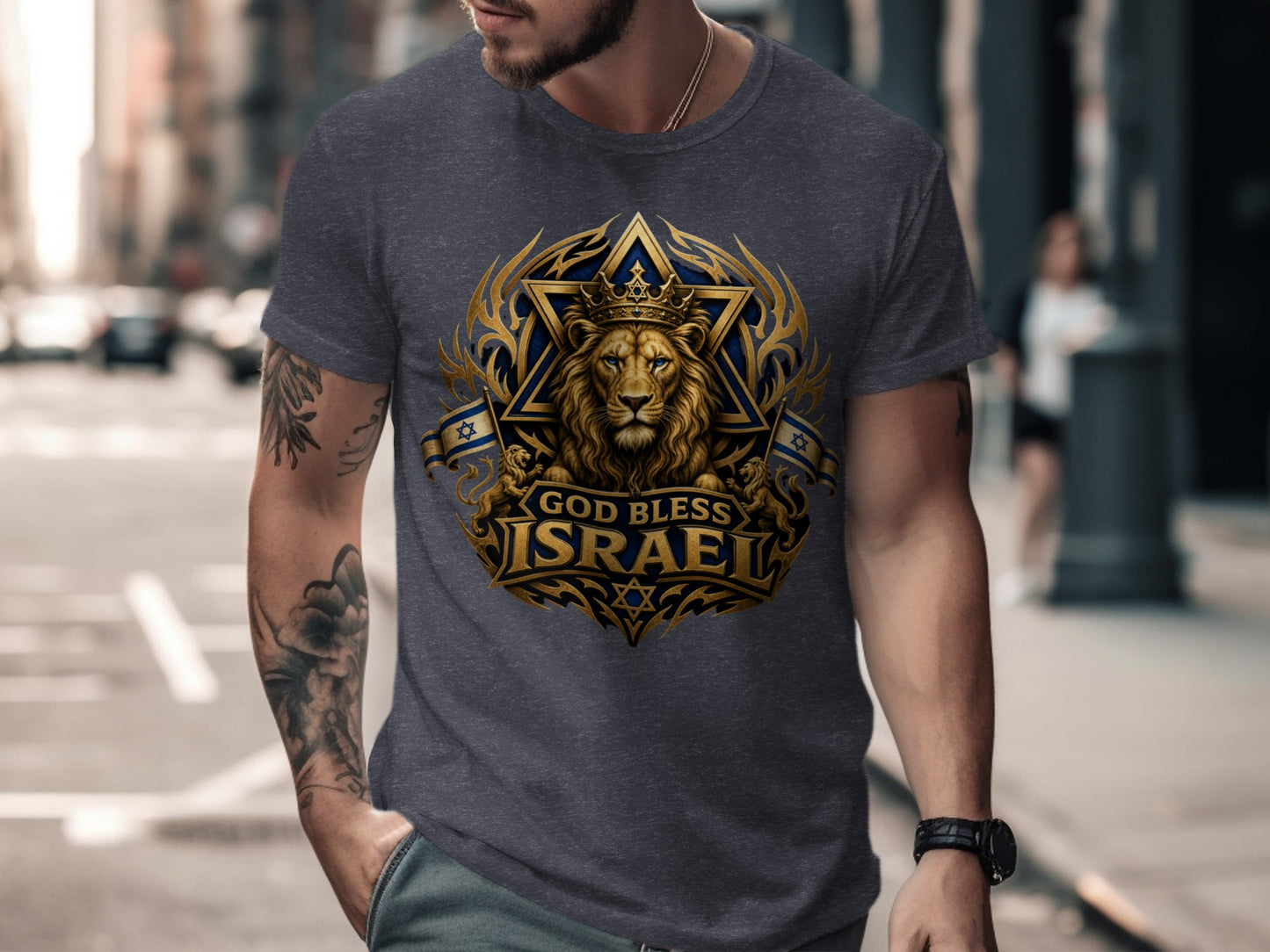 Dark gray t-shirt with a "God Bless Israel" graphic featuring a lion and Star of David.