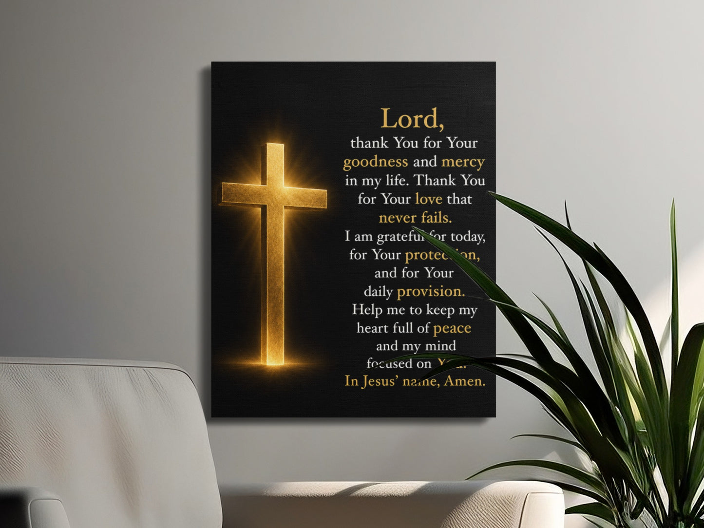 Canvas print featuring a golden glowing cross and a prayer on a black background.