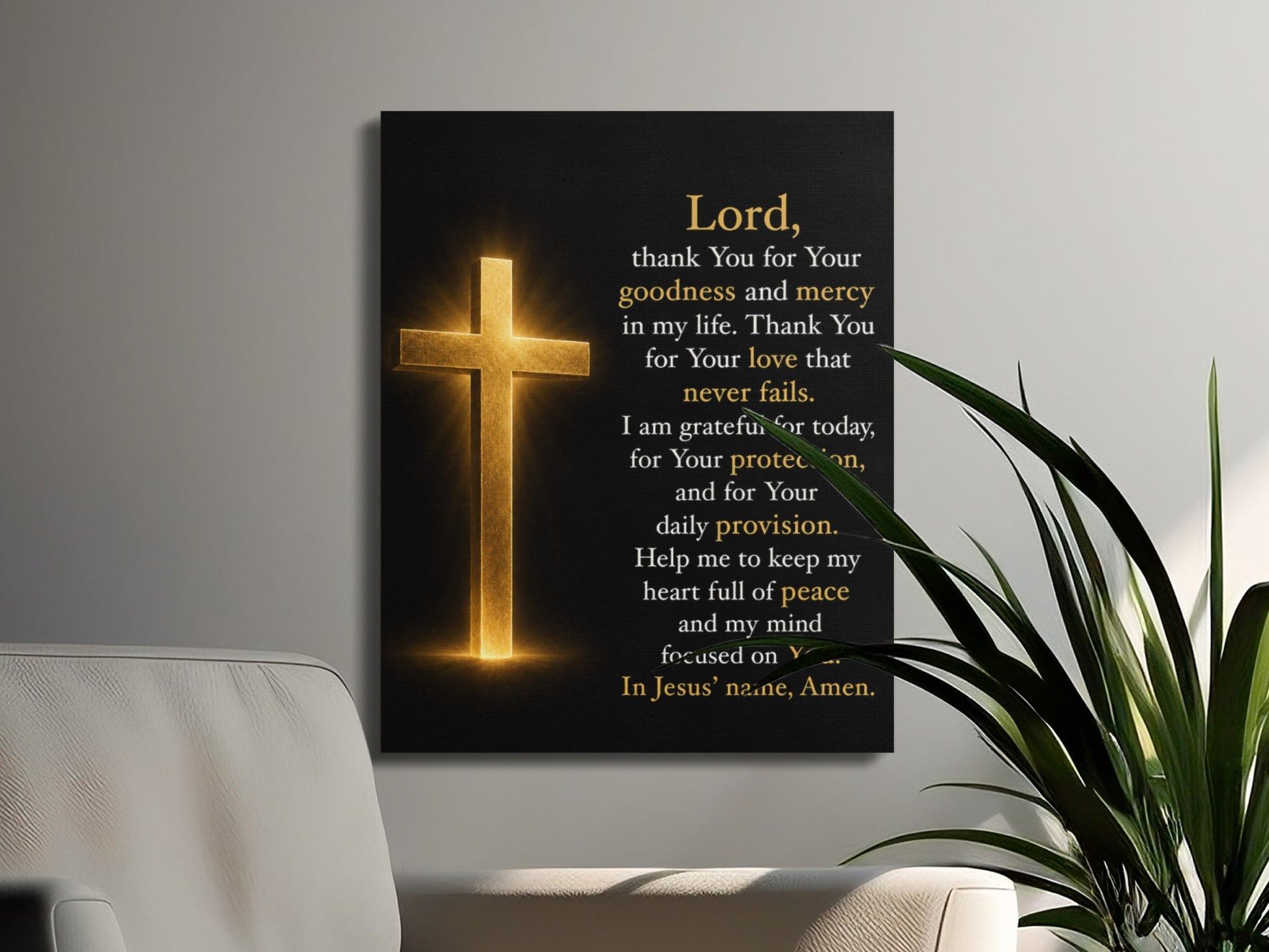Canvas print featuring a golden glowing cross and a prayer on a black background.