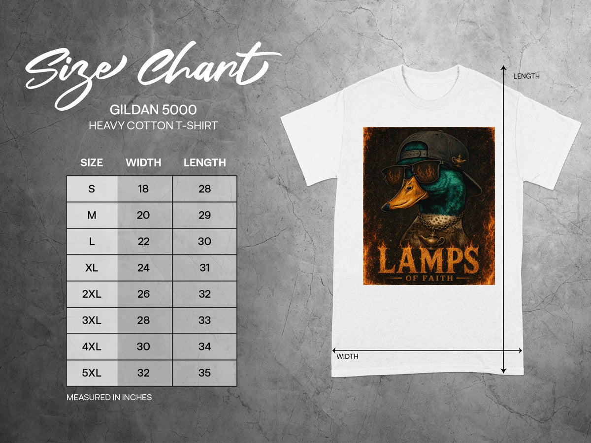 Gildan 5000 size chart with cool duck graphic reading "Lamps of Faith".